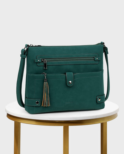 FADEON Large Crossbody Purses for Women Crossbody Bag, Leather Cross Body Purses Multi Pocket Roomy Shoulder Bag ,Dark Green Suede Style