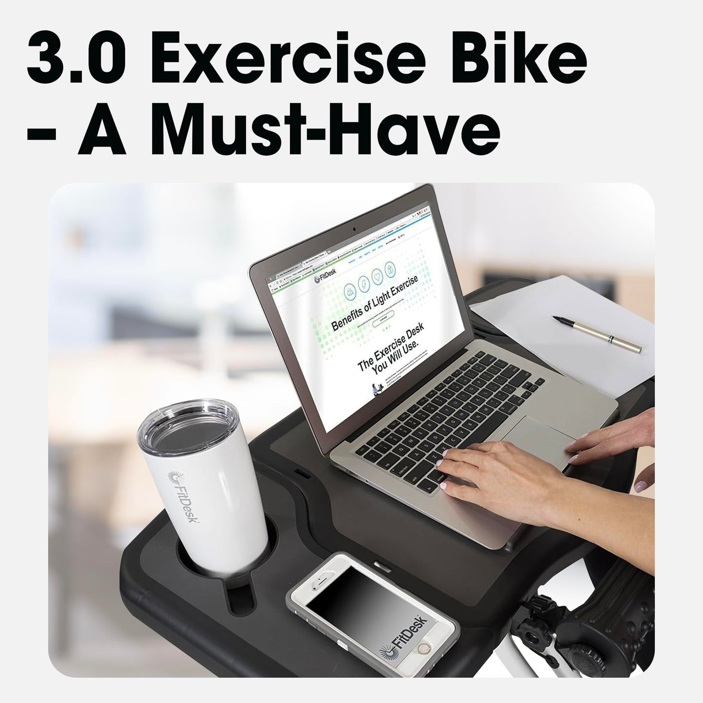 FitDesk Clamp-On Extender for 3.0 Exercise Bike & Standing Desk, Adjustable Laptop Stand, Bike Desk Attachment with Mousepad, Cup Holder & Tray, Fits Up to 17" Laptop, Treadmill Tray