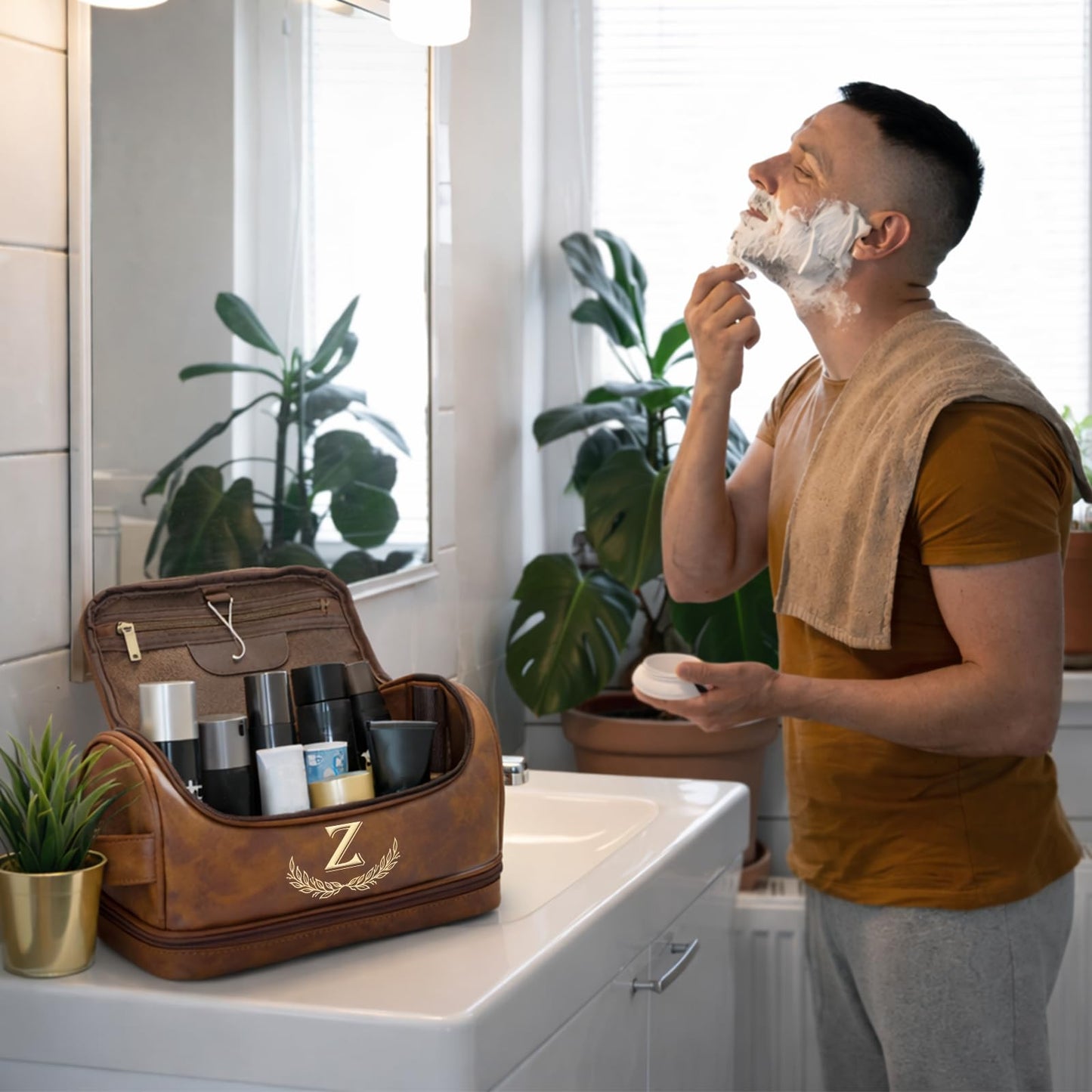 Sparklove Personalized Gifts for Men - Personalized Initial Toiletry Bag with Laser Engraved Monogram - Leather Travel Kit Shaving Organizer - Unique Present for Him, Husband, Boyfriend, Dad （K）
