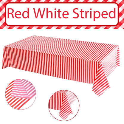 POPOYU 2Pcs Red Stripe Table Cloth,Circus Red and White Party Decorations,Red and White Candy Stripe Plastic Table Covers,Circus Table Decorations for Circus,Movie Night,Carnival Party Supplies