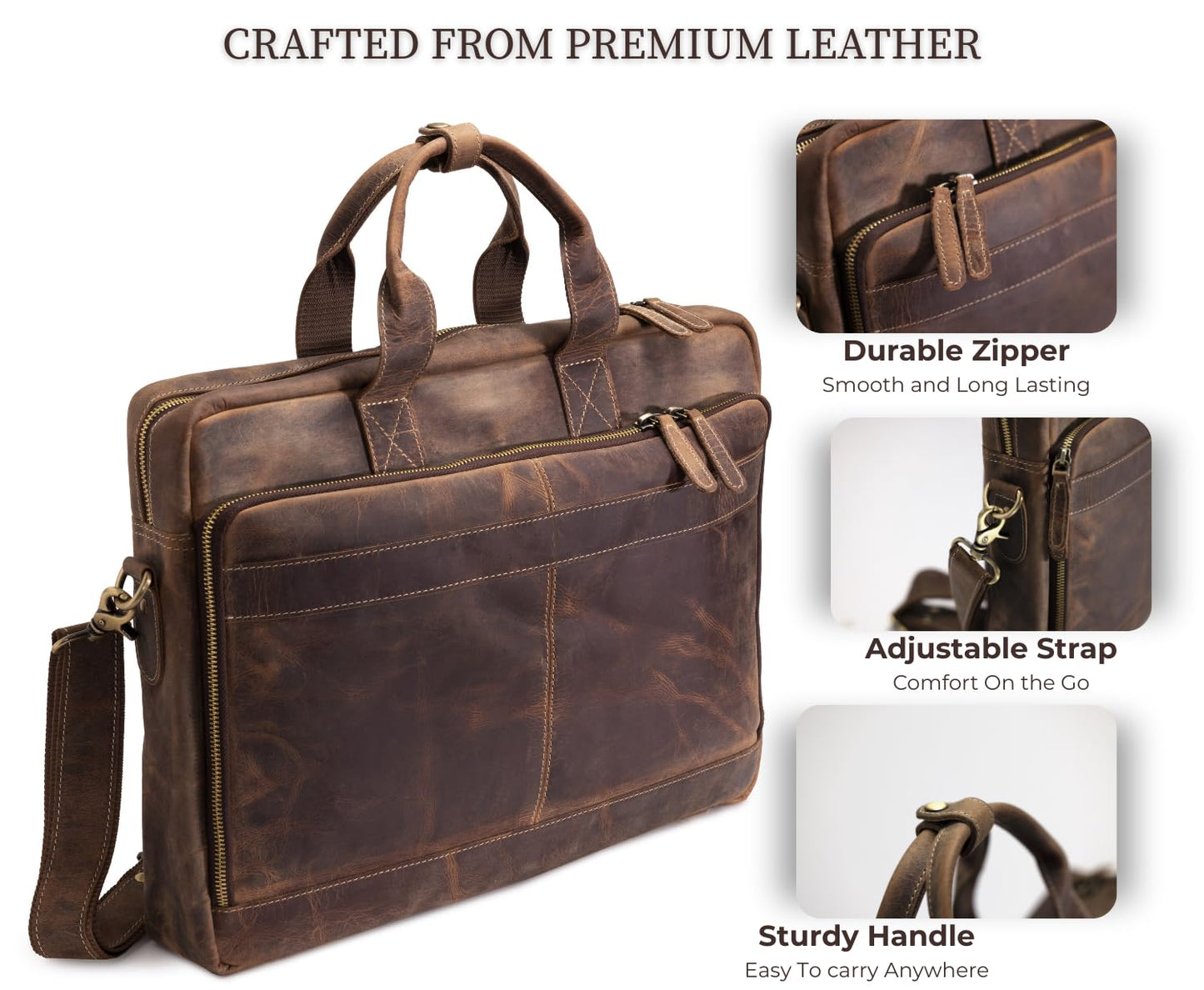 NomadCraftsCo. Brown Leather Messenger Bag for Men, Genuine Leather Briefcase, 18 Inch Work Satchel for Office, Travel, and Business Use