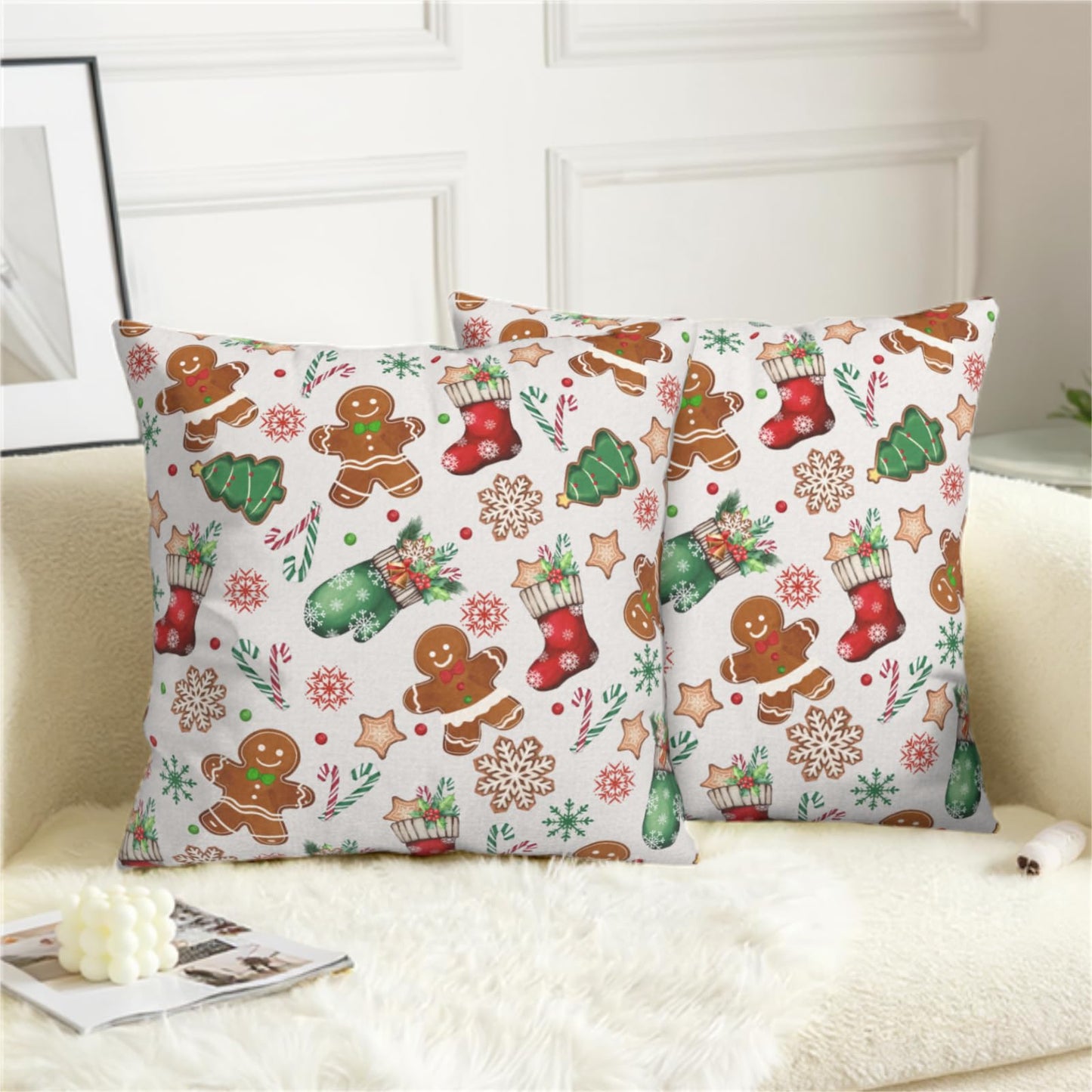 Kwlegh Christmas Pillow Covers 18x18 Set of 2 Gingerbread Man Throw Pillow Covers Xmas Tree Socks Gloves Snowflakes Pillow Case for Holiday Decor Couch Sofa