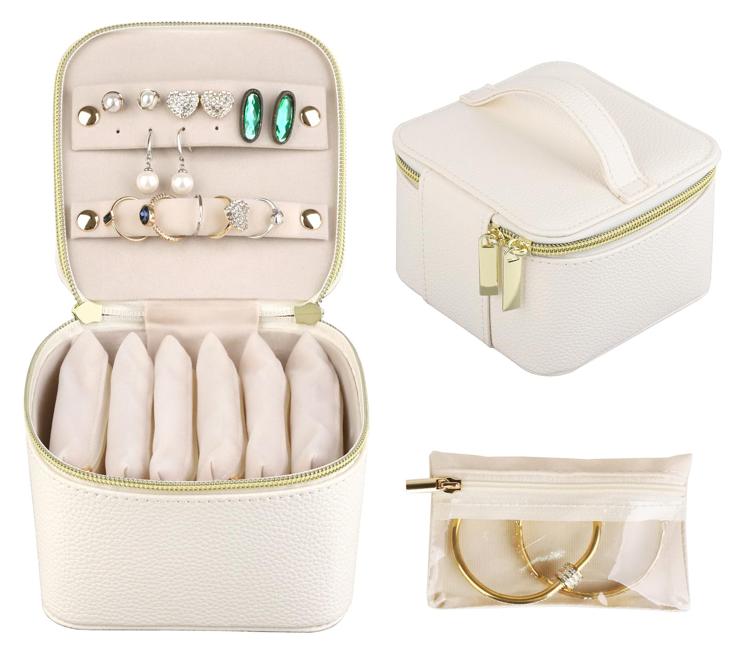 HofferRuffer Jewelry Box Organizer for Women Girls, Travel Jewelry Case with 6 Portable Zipper Bags, Jewelry Storage Ideal for Travel & Home Organization (6pcs-CreamWhite Faux Leather)