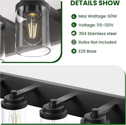 Bathroom Vanity Light Fixture, 4-Light Modern Black Vanity Light Fixtures with Clear Glass Shade, Matte Black Bathroom Light Fixtures Over Mirror, Rustic Restroom Lighting Fixtures