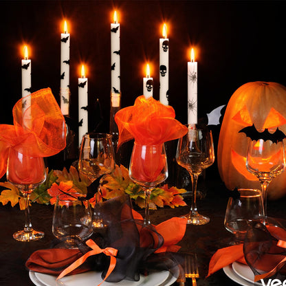 KunSwenn Halloween Flameless Taper Candles, 6 Pack LED Taper Candles Battery Operated with Remote Timer, Real Wax Flameless Candlesticks with Spider Webs/Skull/Bats Decals for Halloween Decoration