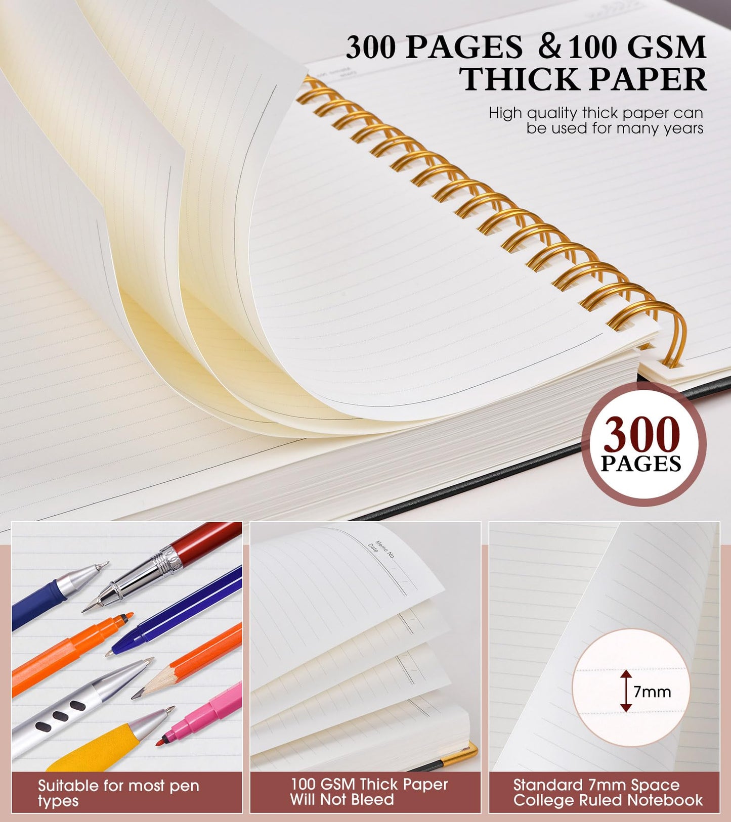 Spiral Notebook Journal 7.6” x 10”, 300 Pages Hardcover Leather Lined Journals for Women Men, B5 Large College Ruled Notebooks with 100 GSM Thick Paper, Spiral Journal for Writing Work School, Black