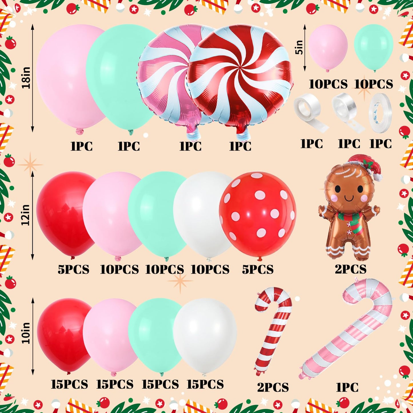 Christmas Balloons Arch Xmas 132PCS Red Pink Green White Balloons Garland for Gingerbread Party Decorations with Cane Foil Balloons Lollipop Candy Balloon New Year Cookie Exchange Decor