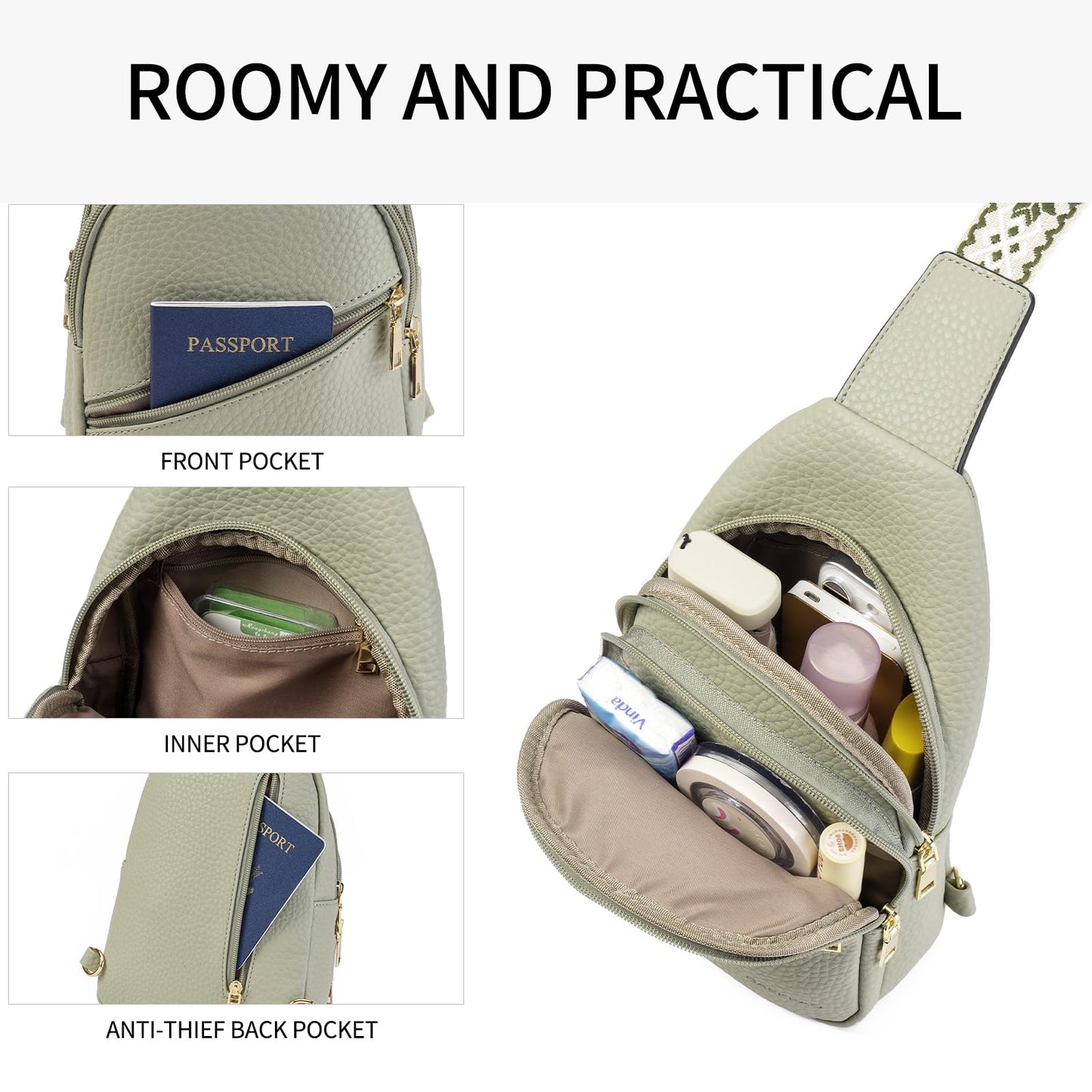 GAEKEAO Sling Bag Crossbody Bags for Women Vegan Leather Cross Body Bag Fanny Pack Chest Travel Purse with Adjustable Strap Green