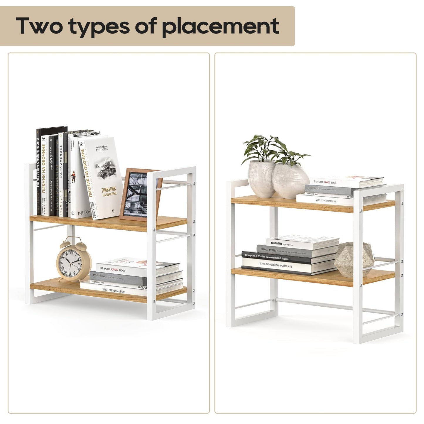ART-GIFTREE Office Desk Shelf Organizer, Wood Desktop Bookshelf Supplies Storage Rack, Shelf for Top of Desk and Dresser (White-2 Tier)