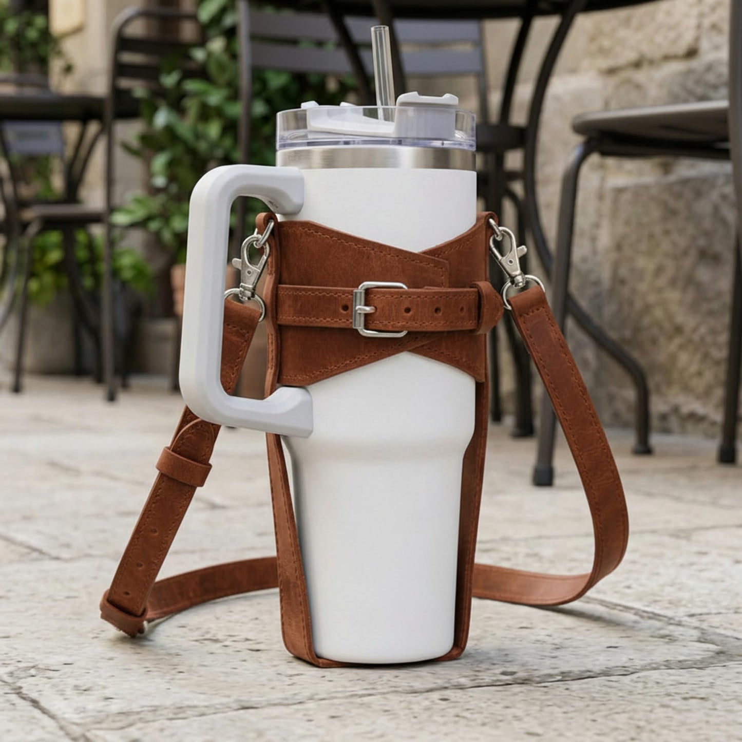Leather Crossbody Bottle Bag – Genuine Leather Water Bottle Holder with Adjustable Strap, Slim Travel Drink Carrier Pouch for Walking, Hiking & Festivals (Bottle Not Included), Warm Brown