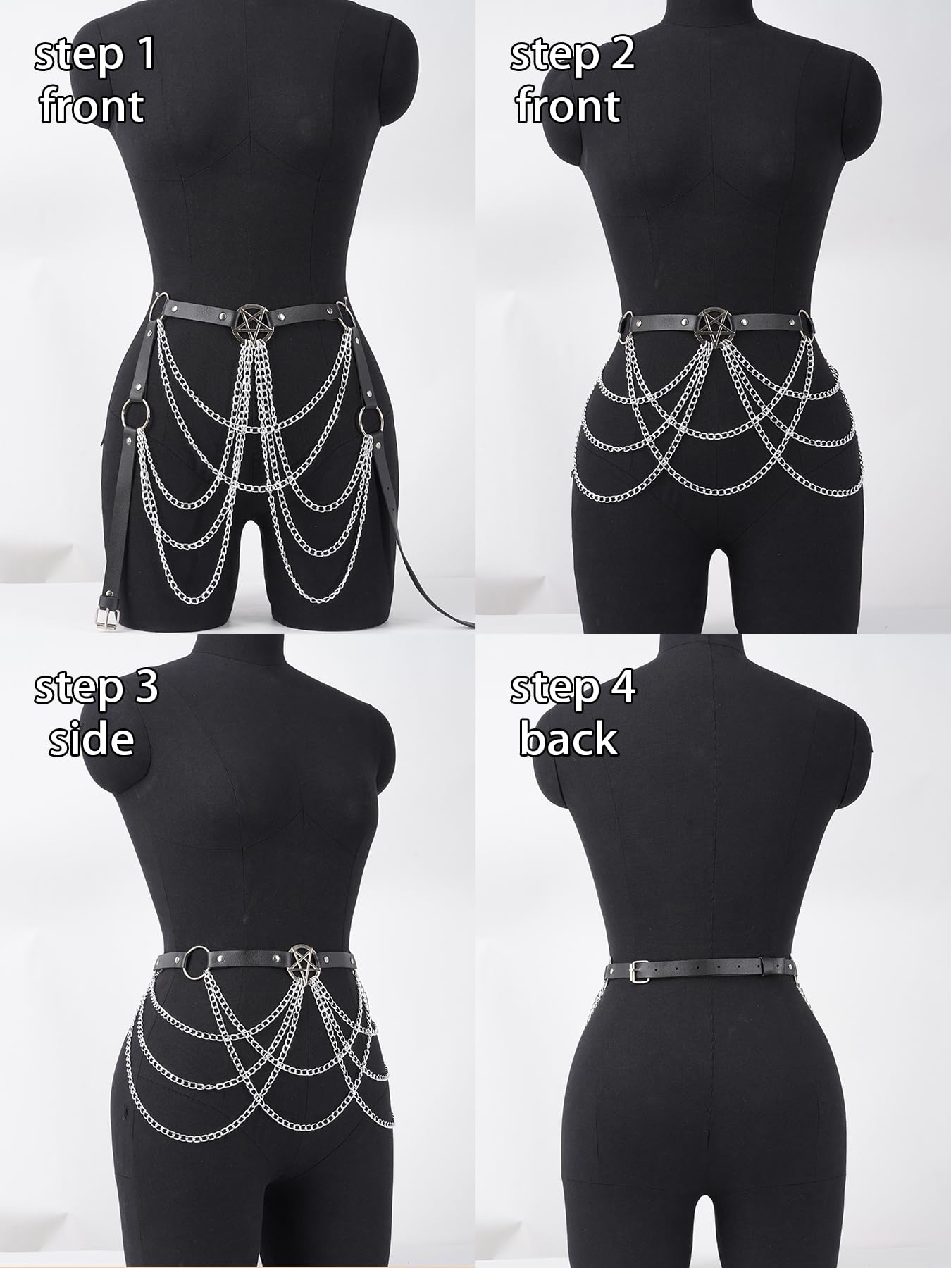 WARANDOD Rave Waist Chain Belt Punk Black Leather Body Accessories Adjustable Body Jewelry Goth Belt for Women (Fits Waist 29.92IN-39.76IN)