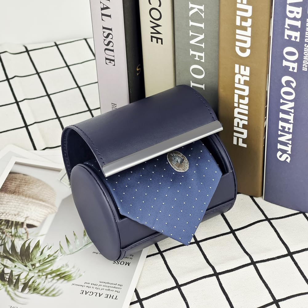 BALITIOYI Leather Tie Case Box Organizer for Men's Necktie and Bow Tie Storage Travel Gift Box (long button, Blue, 4.3" x 3.3" x 3.3")