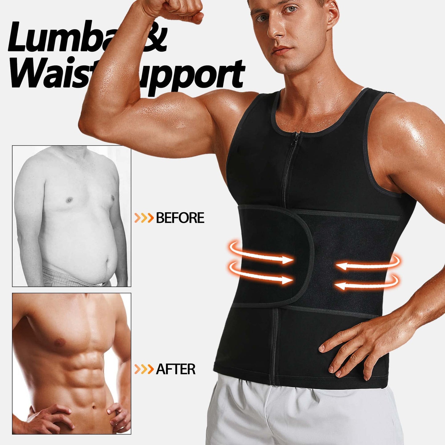 LMCOB Sauna Vest for Men Waist Trainer Vest with Zipper Workout Sauna Suit with Adjustable Waist Trimmer Belt(LYBH10072-01-S)