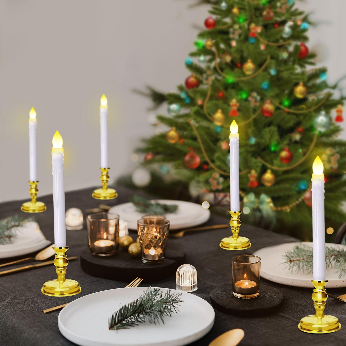 Kithouse 12 Pack Flameless LED Window Candles with Drip Texture,Removable Candle Holders,24 AAA Batteries,Daily Timer,ON/Off Remote,12 Window Suction Cups,Christmas Home Wedding Decor(Gold)