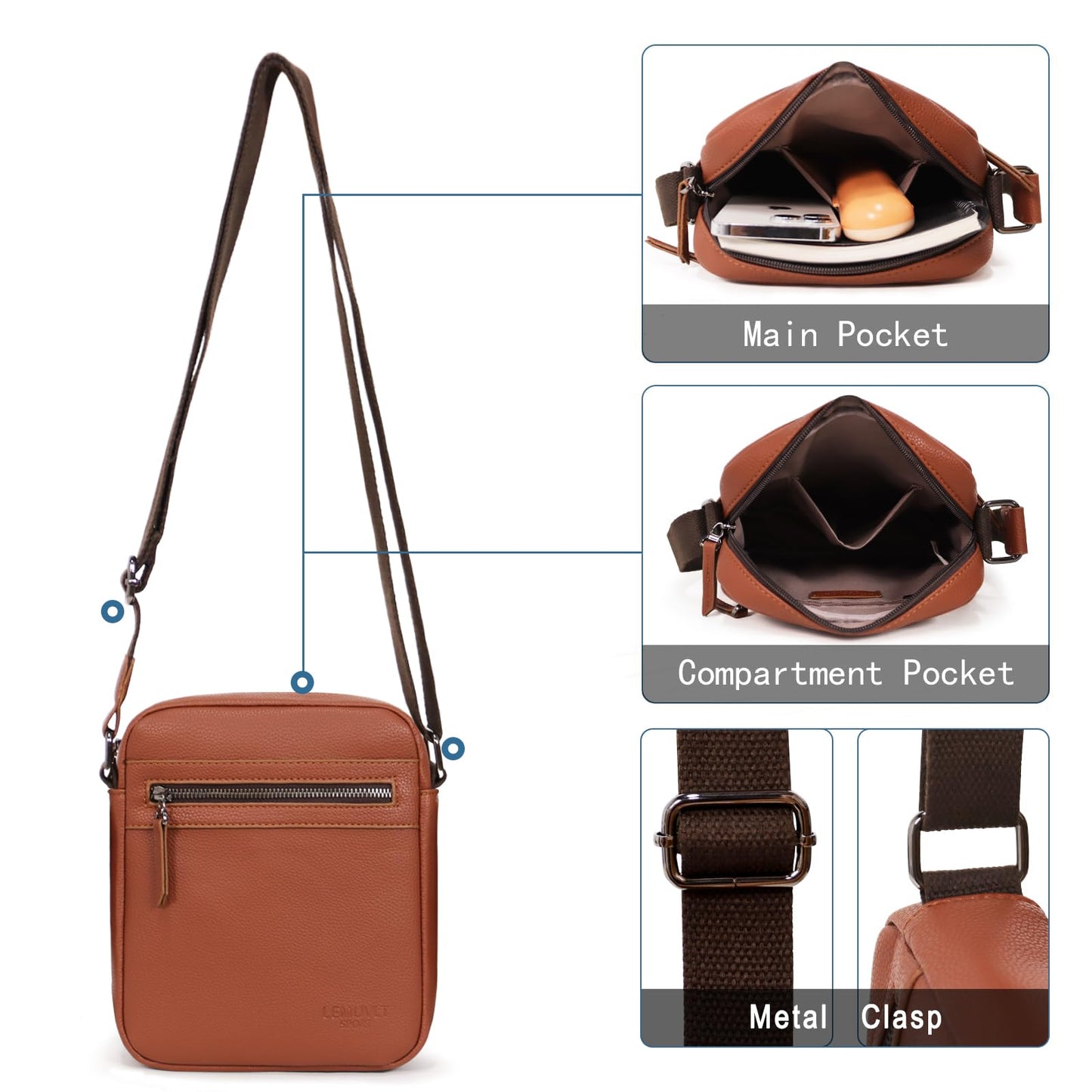 Lemuvlt Small Crossbody bag for men shoulder bag mens purse satchel leather messenger bag gift man(Brown)…