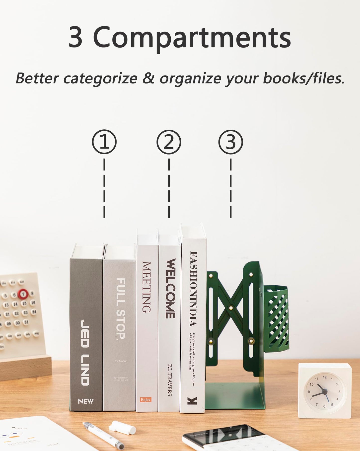 Kingsmile Book Ends, Adjustable Bookends for Shelves, Metal Bookends for Heavy Books, Book Stopper Organzier with Pen Holder for Desk, Kids Room, Office, Classroom, Library, Study Room.(Green)