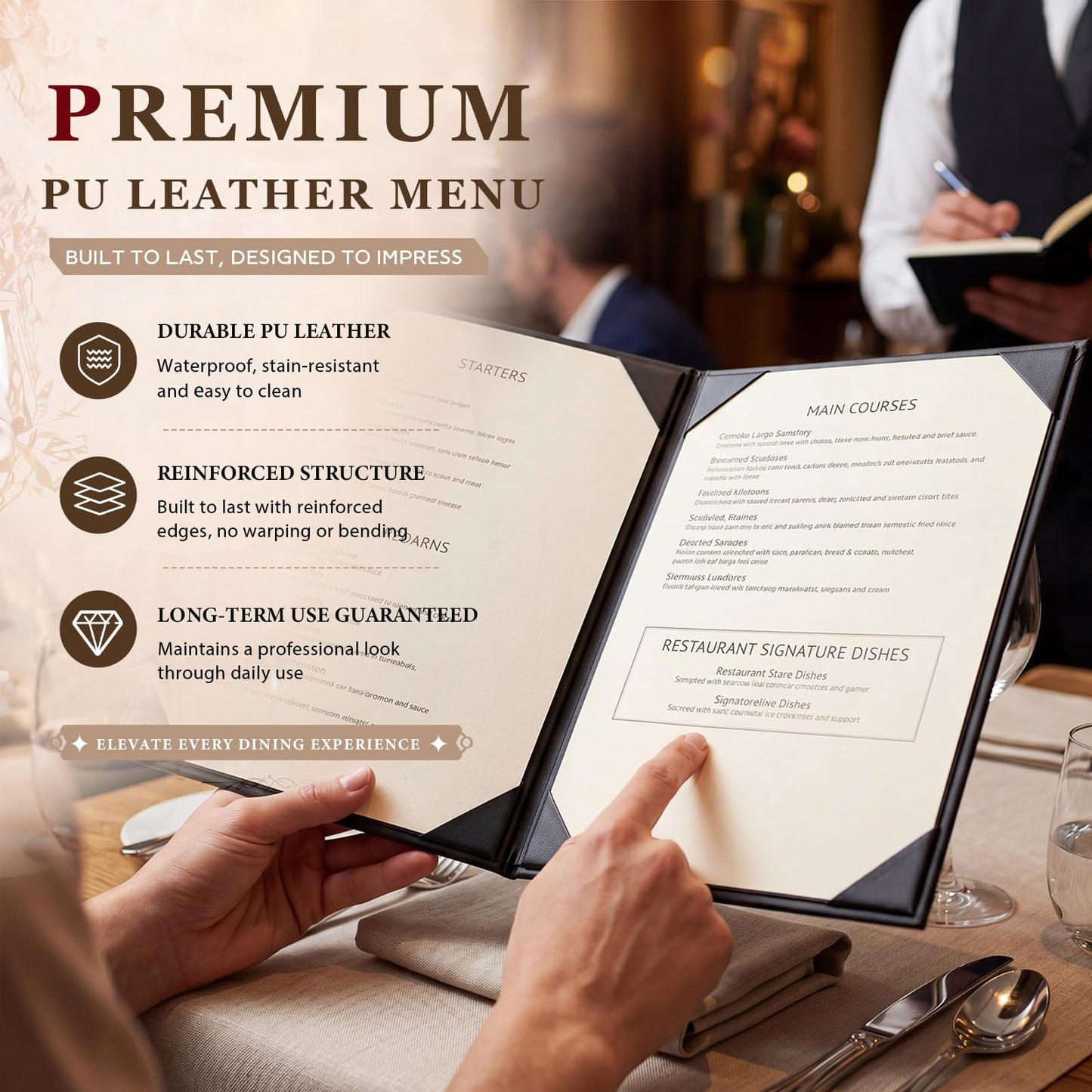 Ferrochef 10 Pack Leather Menu Covers, 6 View Menu Holder 8.5 x 11 Inch for Restaurant, Cafes, Bars, Wine List, Drinks, Commercial and Home Use, Black