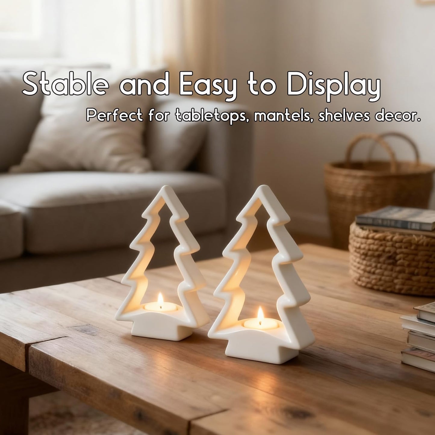 Mokof 2 Pcs White Ceramic Christmas Tree with LED Tea Lights & Remote Control, Farmhouse Tabletop Christmas Decorations Indoor for Mantle, Fireplace, Shelf Winter Holiday Home Decor (9.5" H & 7.5" H)