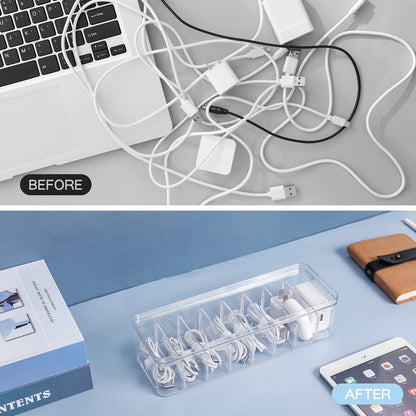 Yesesion 2pcs Clear Plastic Cable Organizer Boxes with Adjustment Compartments, Desk Accessories Storage Case with Lid and 20 Wire Ties for Drawer, Office Supply, Electronic Management