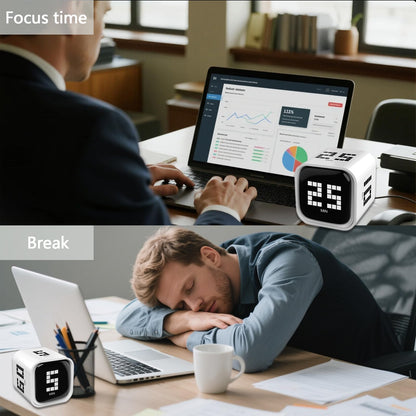 Rotating Focus Timer, 5/25/10/50-Minute Pomodoro Timer, Desk Flip Countdown with Vibration & Volume Control, ADHD-Friendly Tool for Office, Study, and Kitchen (Black)