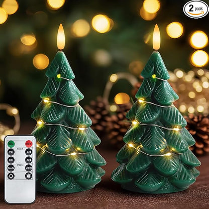 Homemory Christmas Tree Candles with Remote, 2 Pcs Waxy LED Flameless Candles Flickering, Green Electric Lights Battery Operated for New Year Celebration Holiday Decorations 7.5 Inches