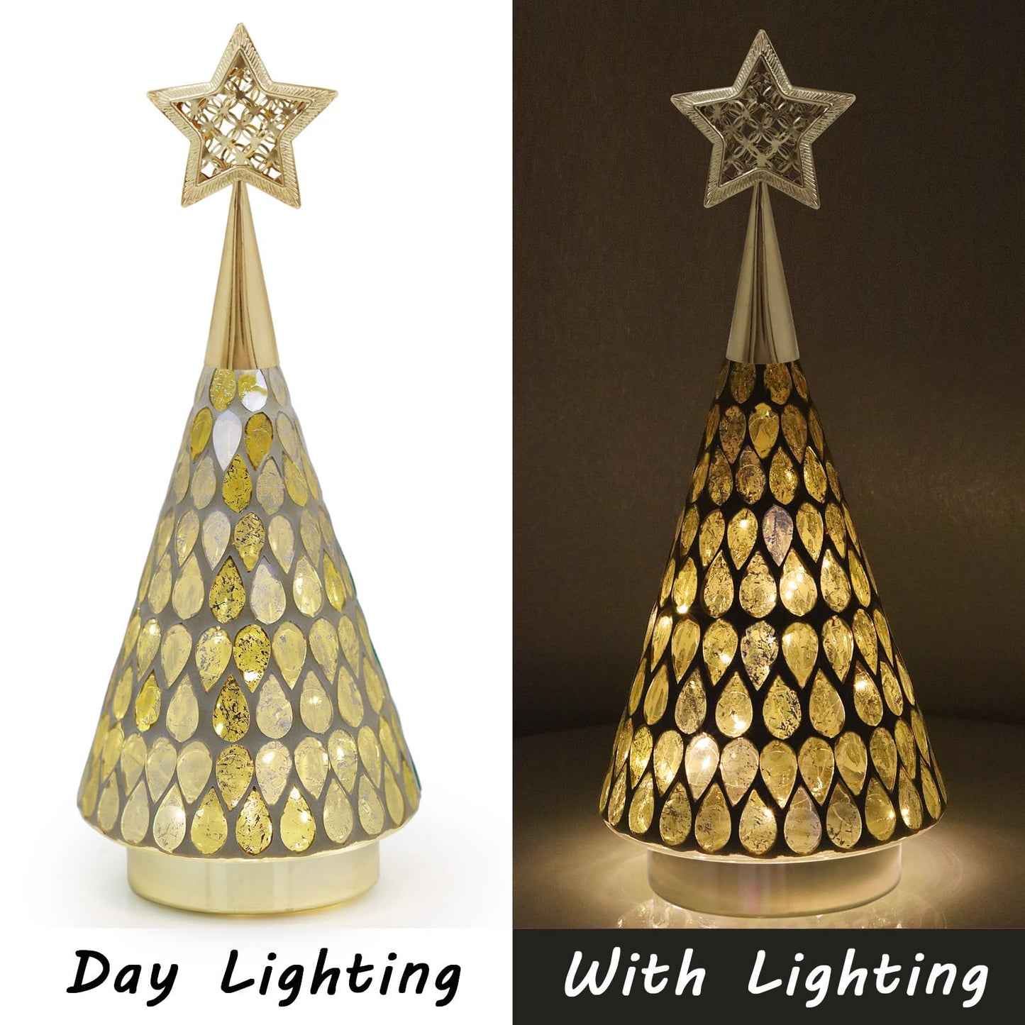 Gold Mosaic Glass Christmas Tree with Star, 2 PCS Small Tabletop Christmas Trees with Light, Battery Operated Xmas Tree for Mantel Decor 11"
