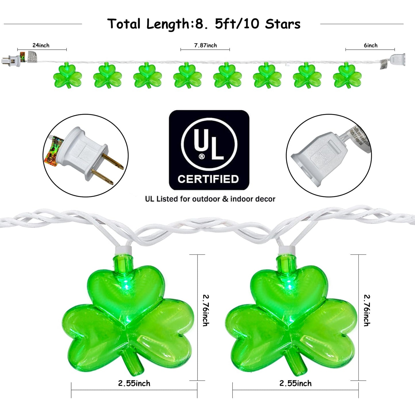 LED Shamrock String Lights Outdoor, 8.5Ft St. Patrick's Day Decorations Lights with 10 Green Clover Light, Plug in Shamrock Fairy Light for Indoor Outdoor St. Patrick's Day Party Irish Window Garden
