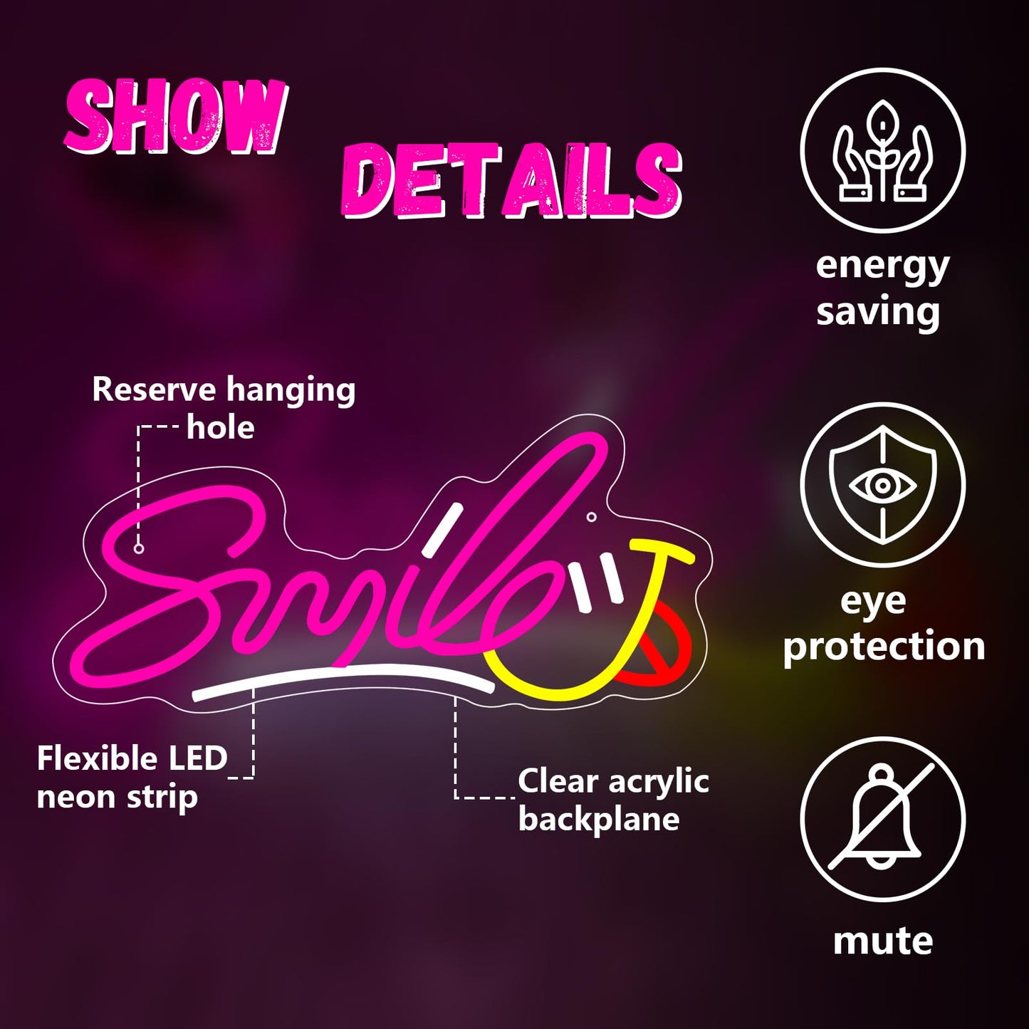 Smile Neon Sign, LED Light up Signs for Bedroom Bar Home Shop Game Room Kids Room Dental Clinic Decor, Gift for Christmas, Birthday