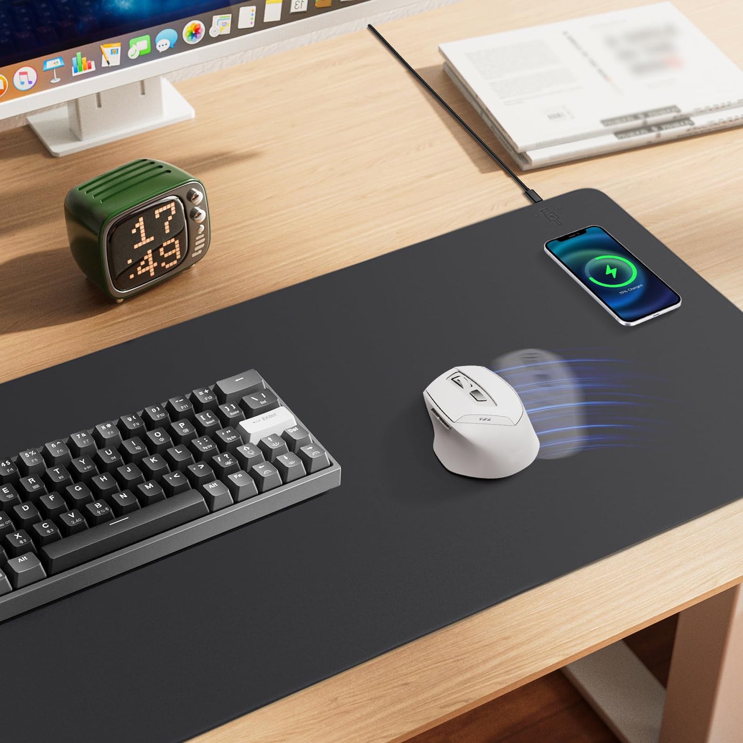 Mouse Pad with Wireless Charging, PU Leather Fast Charging Gaming Mouse Pad, Waterproof Anti-Slip Surface, Easy Clean Office Table Mat, 32L x 16W x 0.15H inches, Black(Right Side Charging Port)