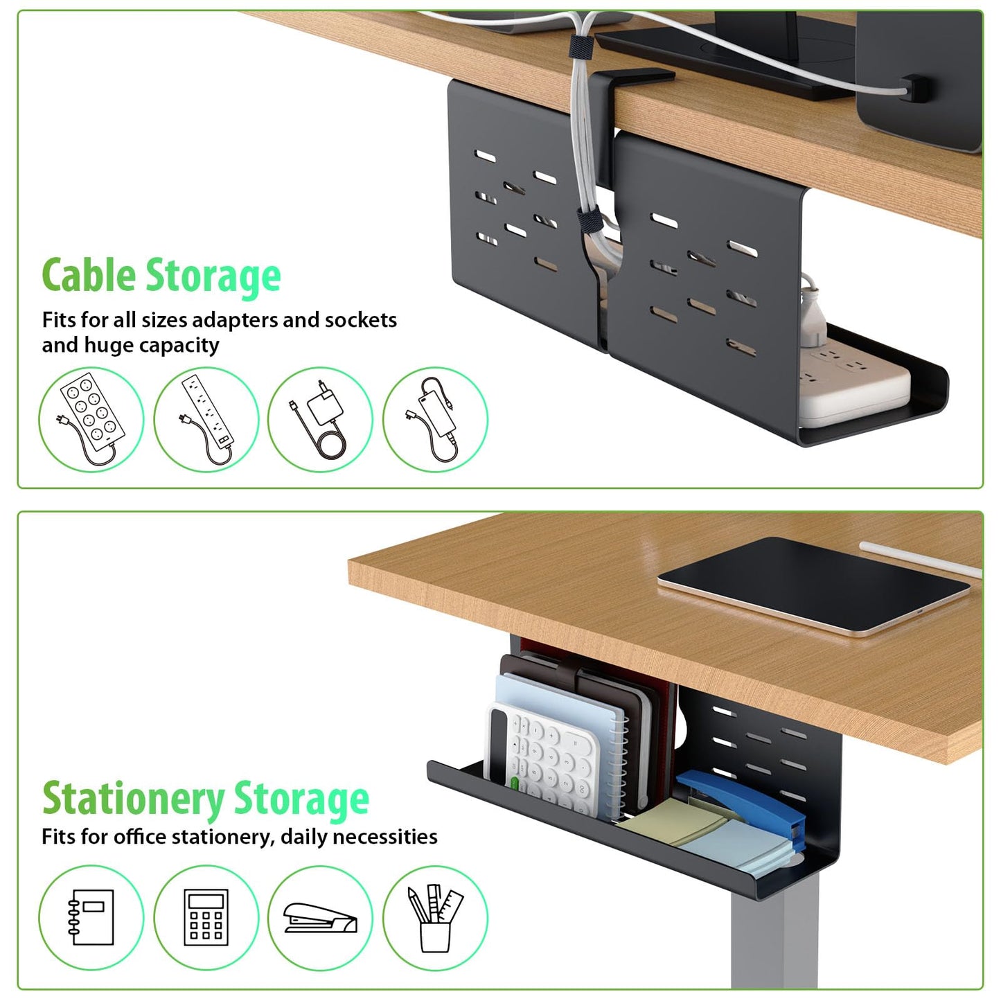 KEEGH 16" Under Desk Cable Management Tray, 2 Pack Desk Cord Organizer Upgrade Capacity, No Drill Clamp/Screws Mount, Cord Management Tray for Home Office, Gaming Desk, Standing Desk, Black