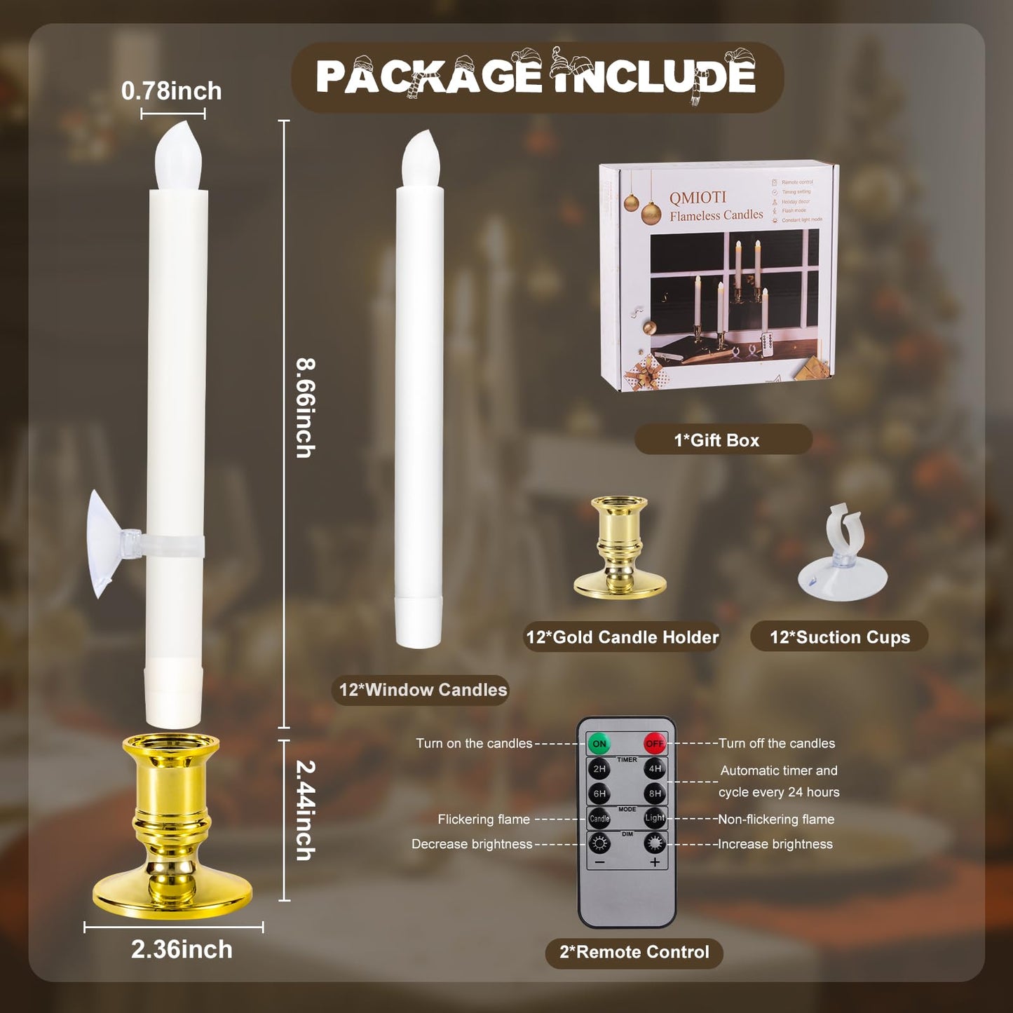 Qmioti 12 Pack Christmas Window Candles, Battery Operated Window Candles with Timer Remote, LED Window Candle with Candle Holders Suction Cups for Christmas Decorations, Gold