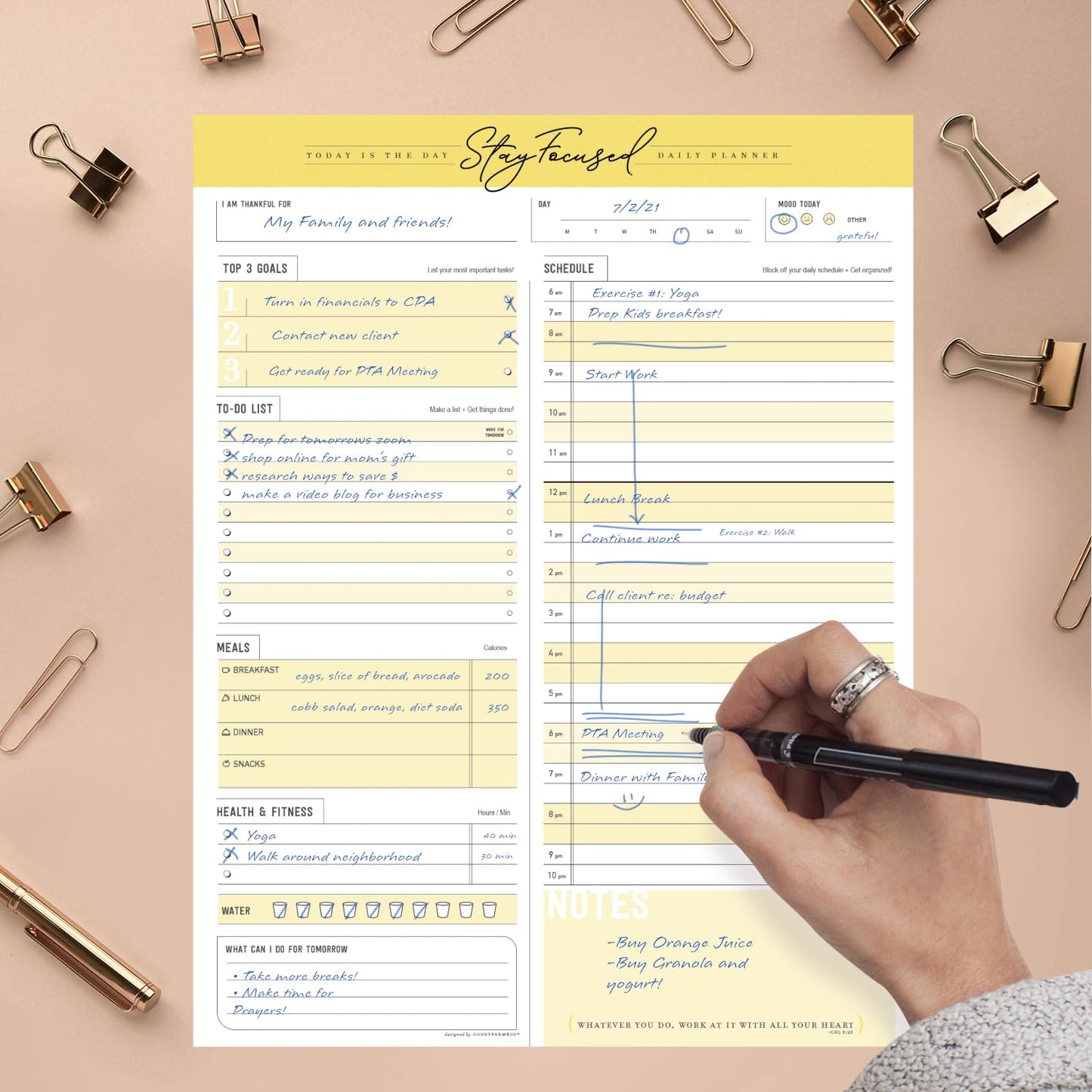 Daily Notepad Planner To Do Schedule - Stay Focused 50 Tear off Premium Made USA (Yellow Mango)