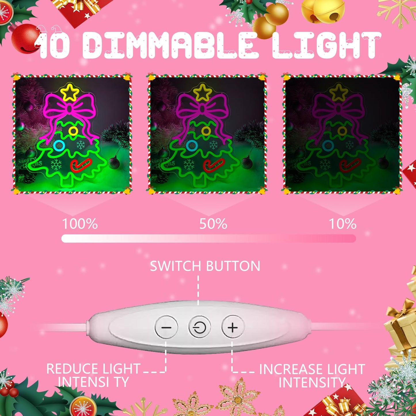 Christmas Neon Sign Pink Bow Christmas Tree Neon Sign for Wall Decor Xmas Tree Led Sign with Star Candy Neon Light Up Signs for Bedroom Window Holiday Door Xmas Party Home Decoration Winter Porch