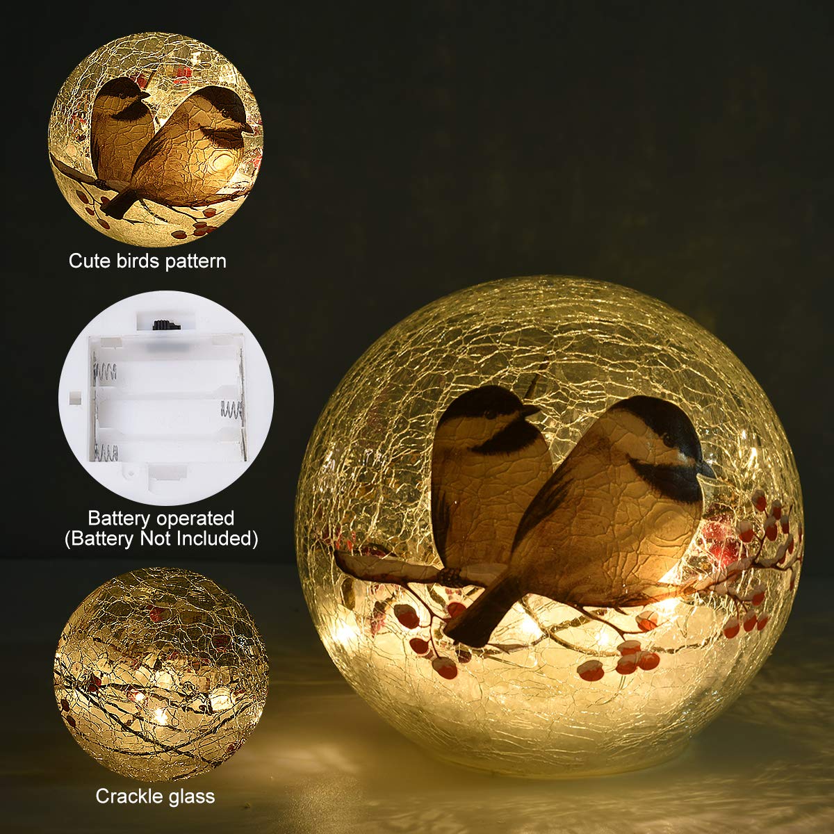 Glass Ball Light Birds Pattern Crackle Warm White Night Lamp for Bedroom Living-Room Dresser Nursery Kitchen Garden Modern Decoration Craft