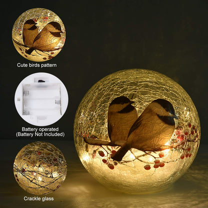 Glass Ball Light Birds Pattern Crackle Warm White Night Lamp for Bedroom Living-Room Dresser Nursery Kitchen Garden Modern Decoration Craft