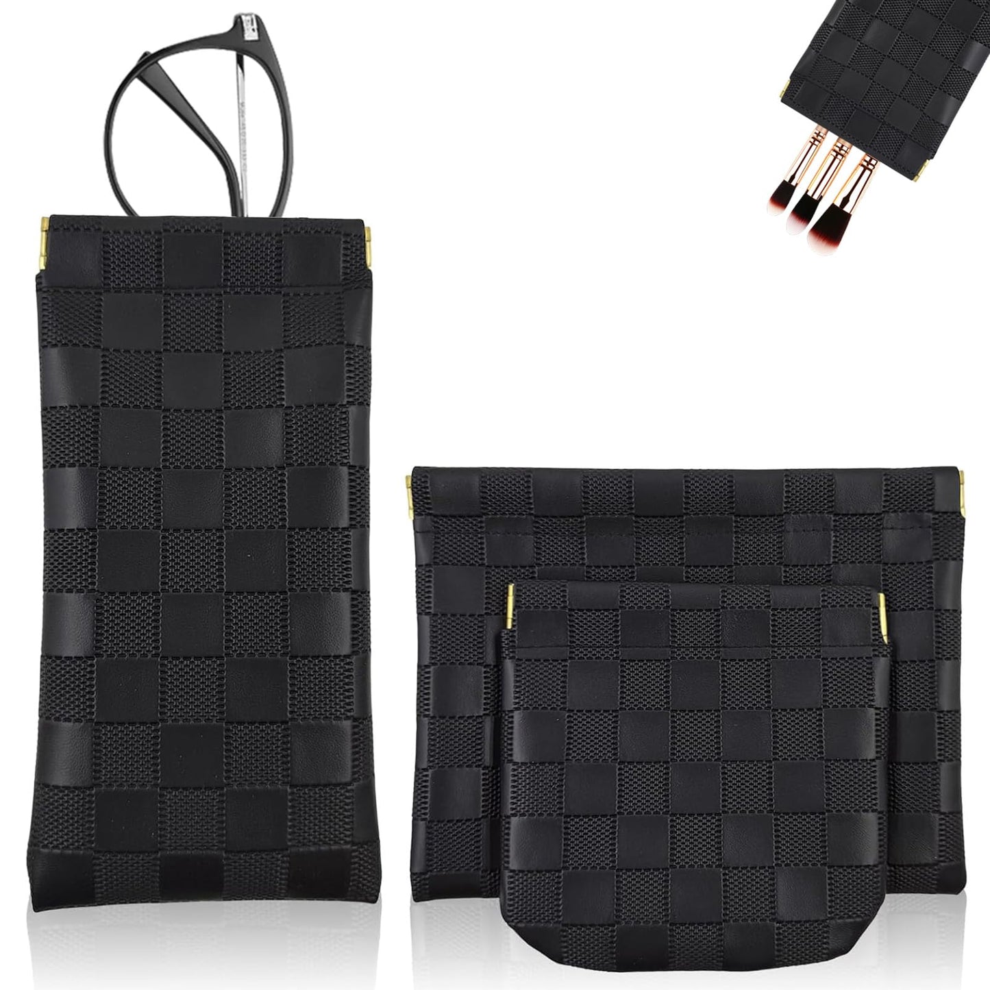 3Pcs Small Makeup Bag for Purse, Waterproof Portable Checkered Leather Makeup Pouch, Small Purse Pouches for Purse Small Coin Purse Organizer Pouches Snap Closure Pocket Cosmetic Bag for Women (Black)