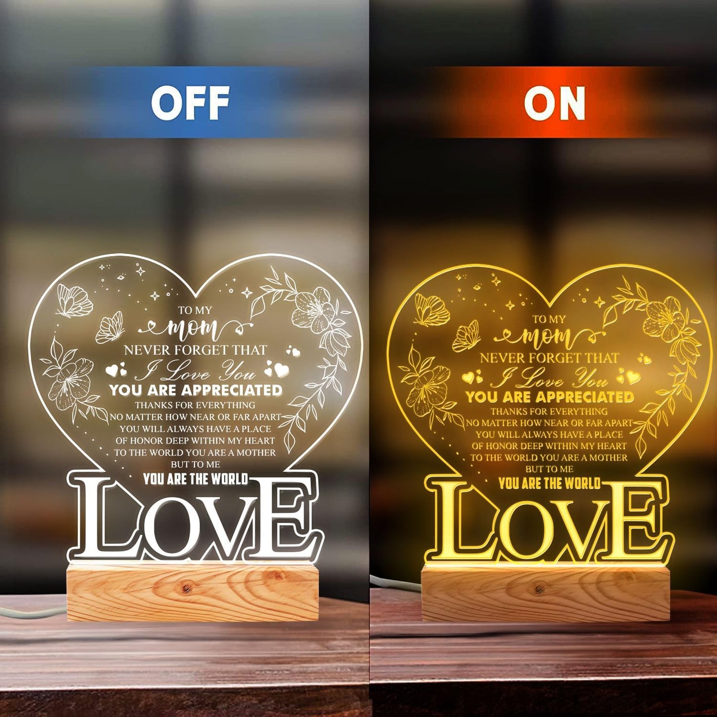 DongNaiWin to My Mom Never Forget That I Love You - Heart-Shaped LED Night Light for Mom - USB Powered Lamp with Engraved Love Message - Gift for Christmas Birthday, Home Decor