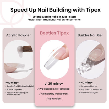 Beetles Tipex Gel Nail Kit, Medium Almond Nail Tips 224 Pcs 16 Sizes Pre-Building Pre-Etched Thick Acrylic Tips with Tipex Glue, Mini Lamp