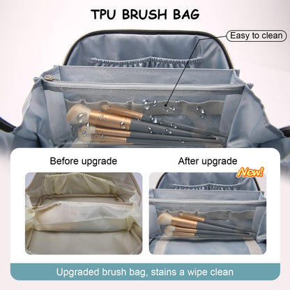 BOYATU Travel Makeup Bags Cosmetic Organizer Bag: 3-Set Large Capacity Make up Bag - PU Leather Toiletry Bags for Women - Wide Open Portable Pouch with Divider & Handle (01-Light Blue)