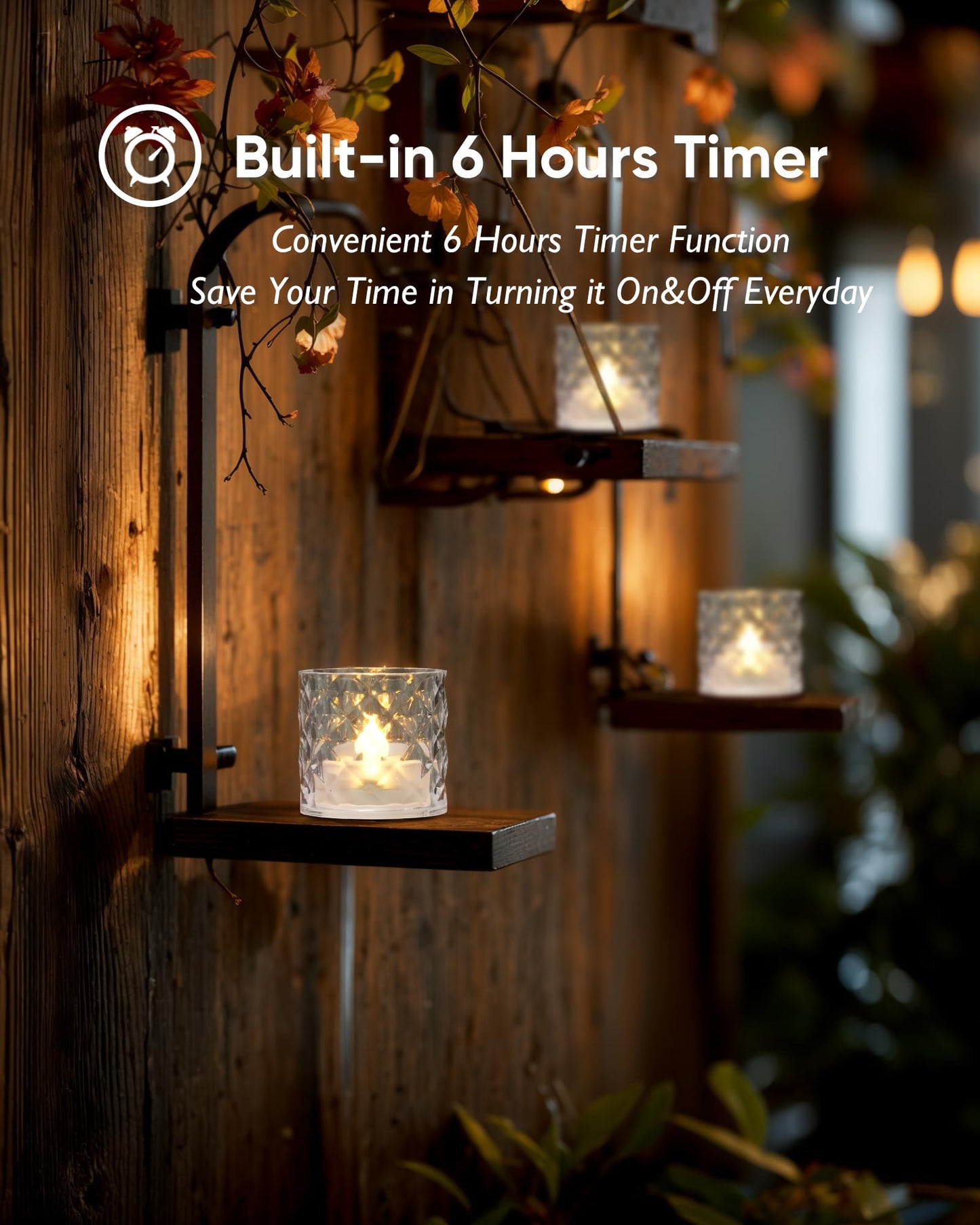 Homemory 2" x 2" Acrylic Votive Candle Holders with Auto Timer Flameless Led Tealight, Battery Powered Fake Electric Candles for Wedding Centerpiece, Table, Christmas Decor (6Pack, Clear Base)