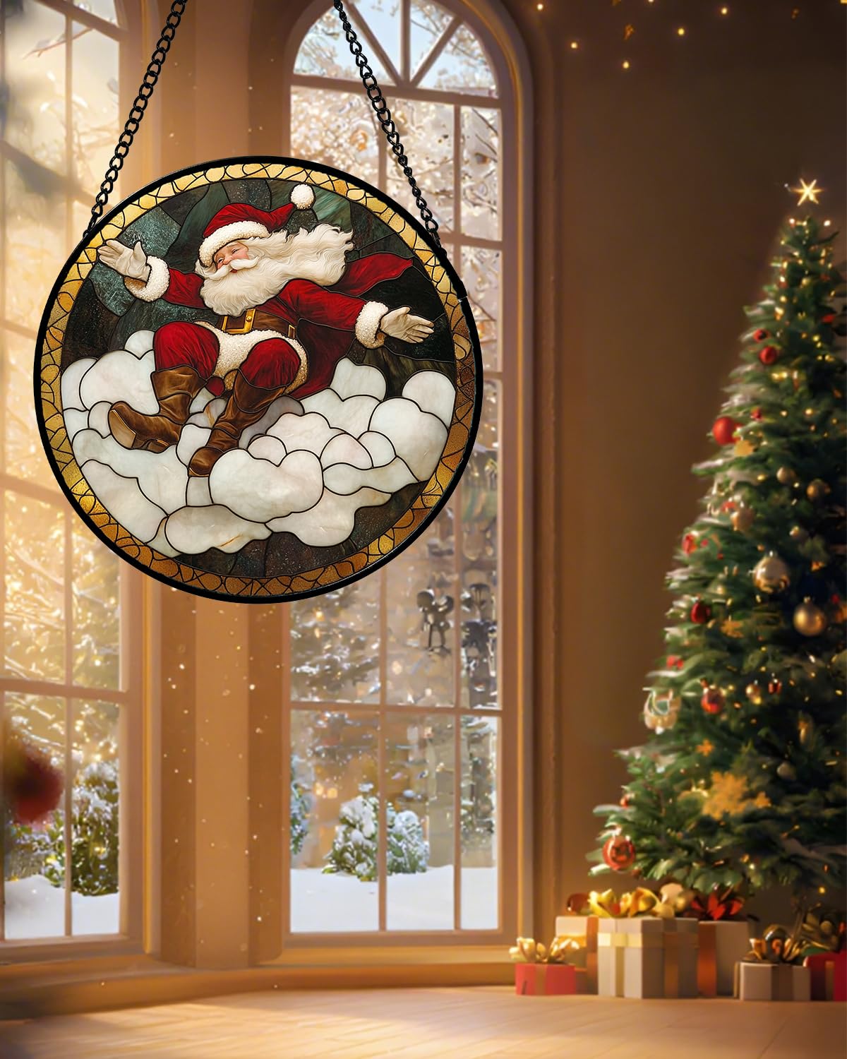Stained Glass Window Hanging - Red White Santa Claus Clouds Suncatcher for Doors Home Christmas Decoration Sun Catcher Thanksgiving New Year Birthday Gifts for Friend Women Men Mom Nana 7.8 in