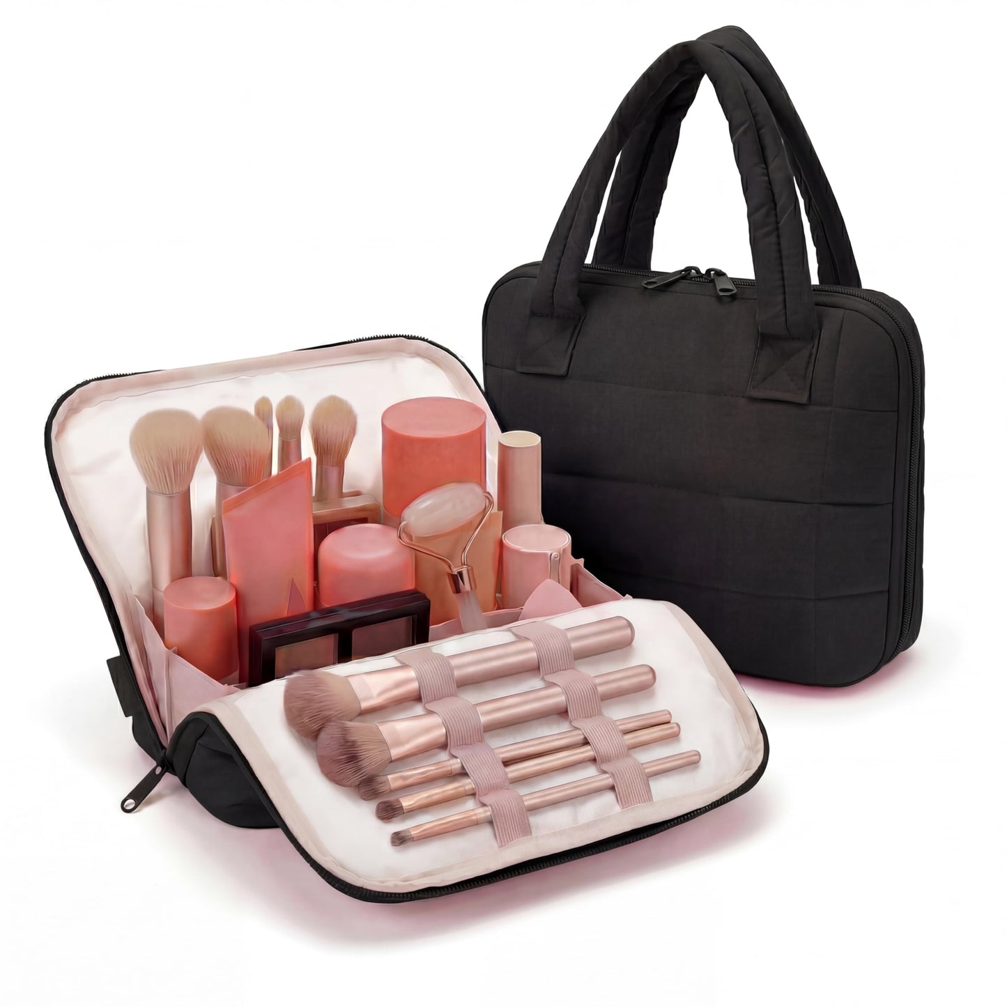 Wandering Nature Standing Makeup Bag for Travel, Portable Fold-down Cosmetic Organizer, Puffer Open Make Up Pouch with Handle & Divider & Brush Holder, Easy Clean Toiletry Bag with EVA Lining