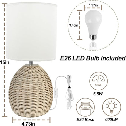 Boho Rattan Table Lamp - 3 Color Temperature, Handwoven Nightstand Lamp for Bedroom & Living Room