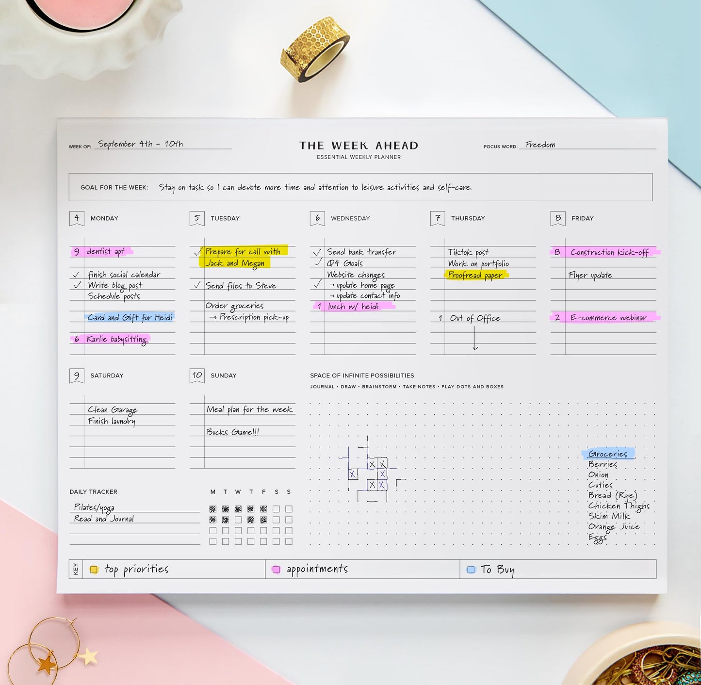 ThreeKin Essential Weekly Planner - 8.5"x11", 52 Tear-Off Sheets, Motivational Design, Goal Setting, Time Management, To-Do Lists, Productivity Organizer, Perfect for Home, Office, Students, Work