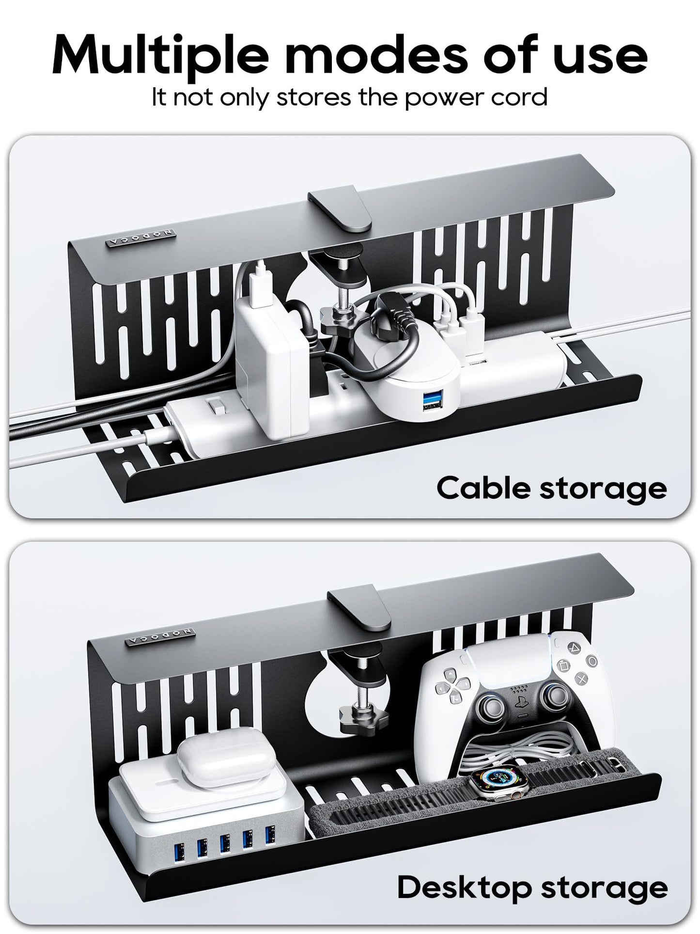 NODOCA No Drill Under Desk Cable Management Tray, 14'' Wire Management, Punch-Free Clamp on, Metal Cable Tray, Wire Organizer Under Desk, Under Desk Basket for Office and Home, Black