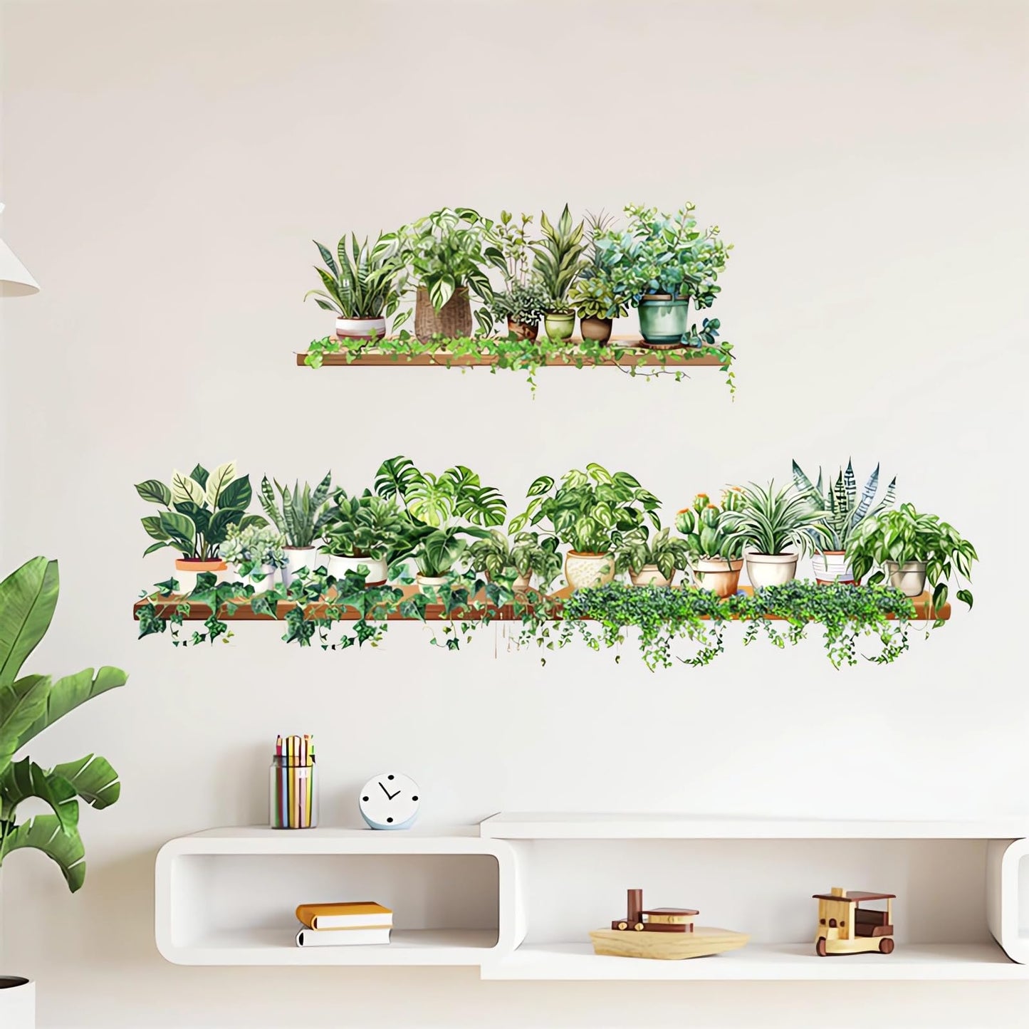 3 Pcs Green Plants Potted Wall Stickers, sacinora Green Leaves Wall Decals Removable Vinyl Peel and Stick for Living Room Bedroom Kitchen Study Room Art Home Decorations