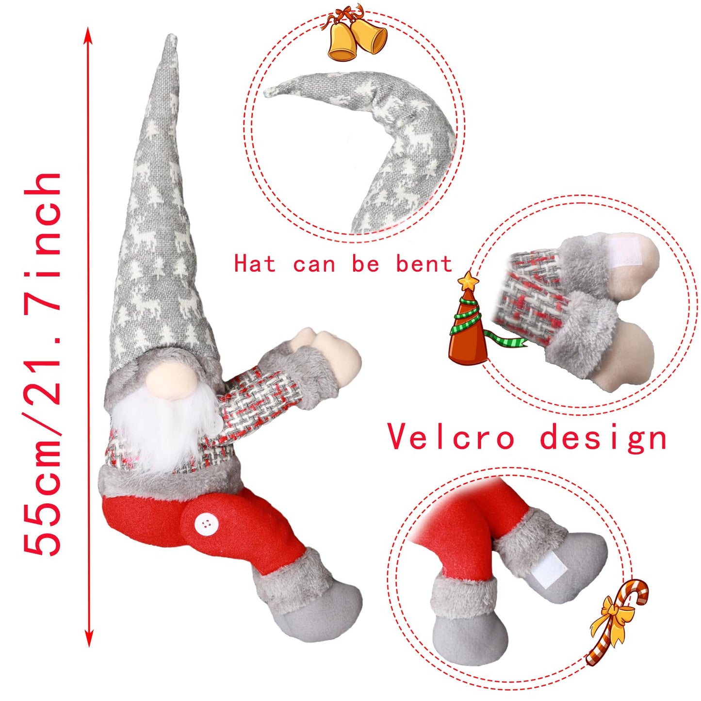 Christmas Tree Topper Gnome Decorations with Lights,21.7 Inches Handmade Embrace Christmas Tree Gnome with Lighted Star，Christmas Home Decor Curtain Tie Wine Bottle Decoration（Grey hat）