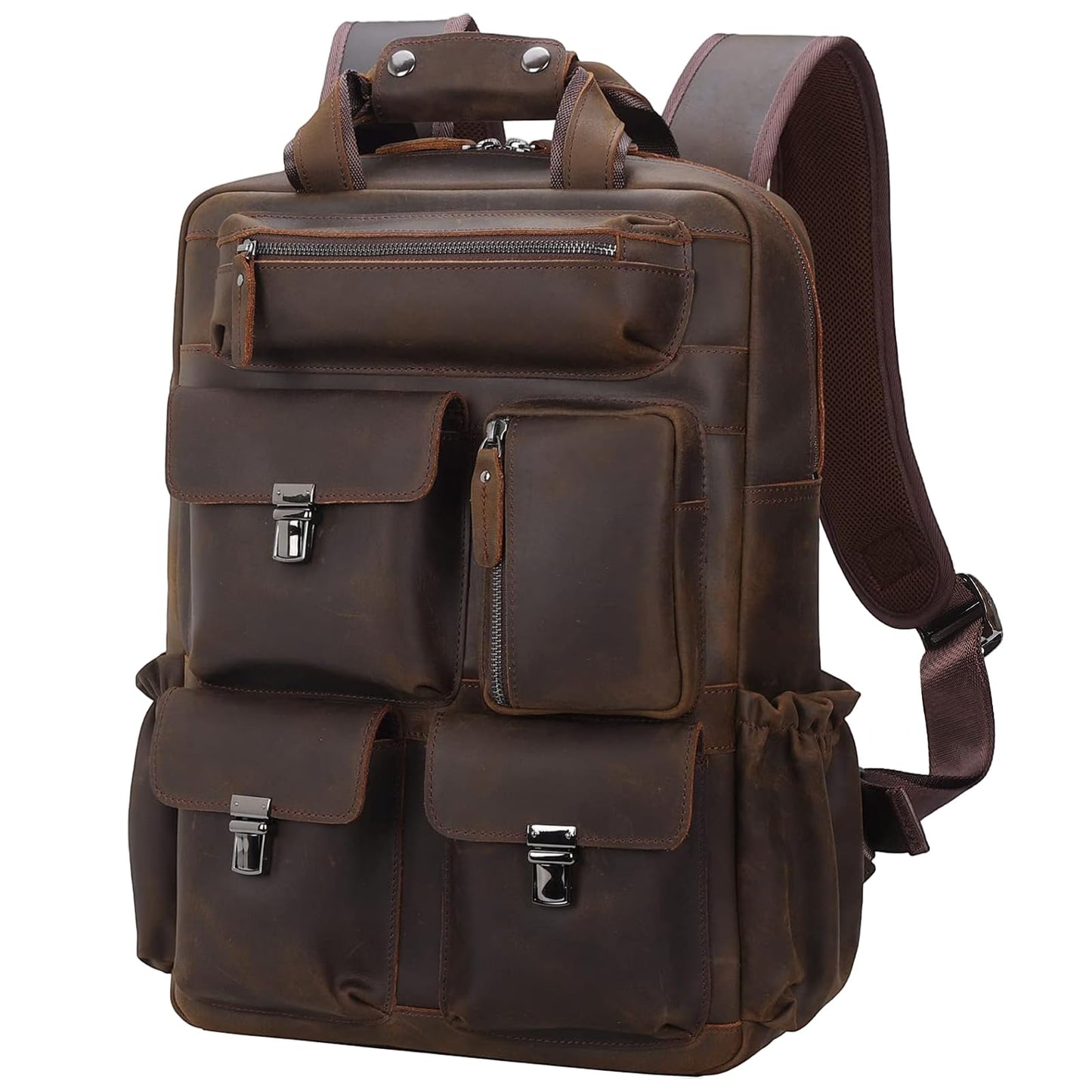 Masa Kawa Leather Backpack for Men Vintage 15.6 Inch Laptop Bag Multi Pockets Casual Work Travel Camping Daypack (deep brown)