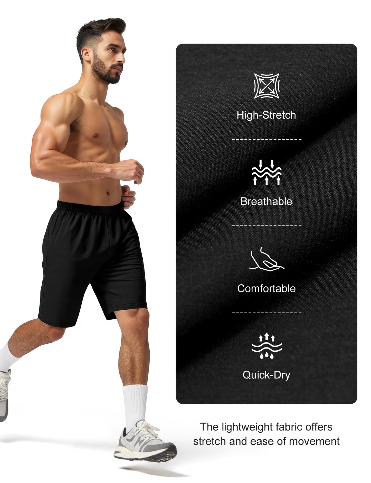 Naarts Men's Athletic Shorts 9'' Quick Dry Workout Running Shorts Lightweight Sports Gym Basketball Shorts with Pockets Black,Large