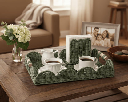 CubesLand Rectangular Scalloped Decorative Centerpiece Tray for Coffee Table, Home Decor, Living Room - Green Tray w/Wooden Handle – Warm and Elegant for Holidays, Housewarmings - Candle Plate Holder
